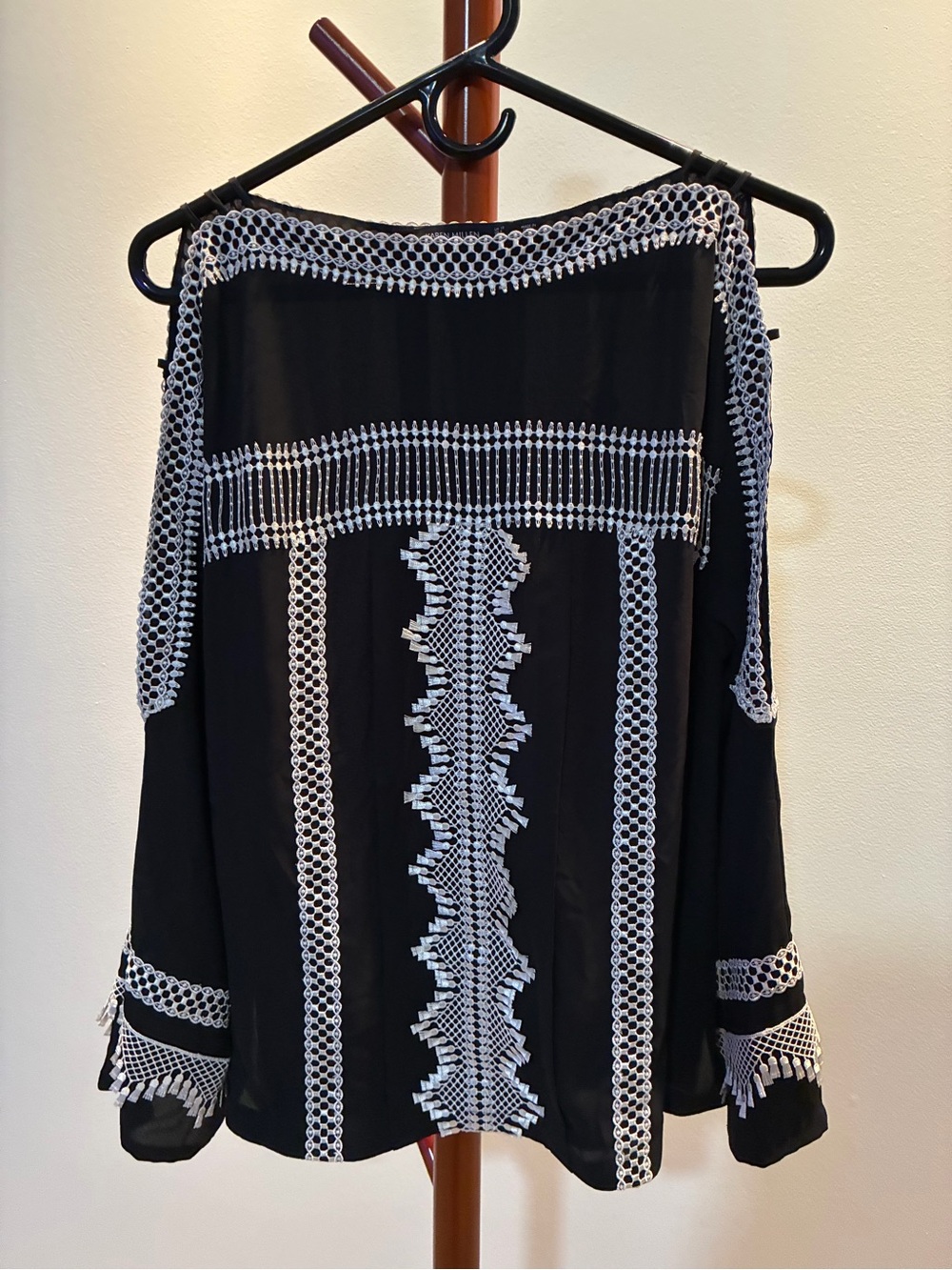 Karen Millen Black Cold-Shoulder Tunic with White Embroidery